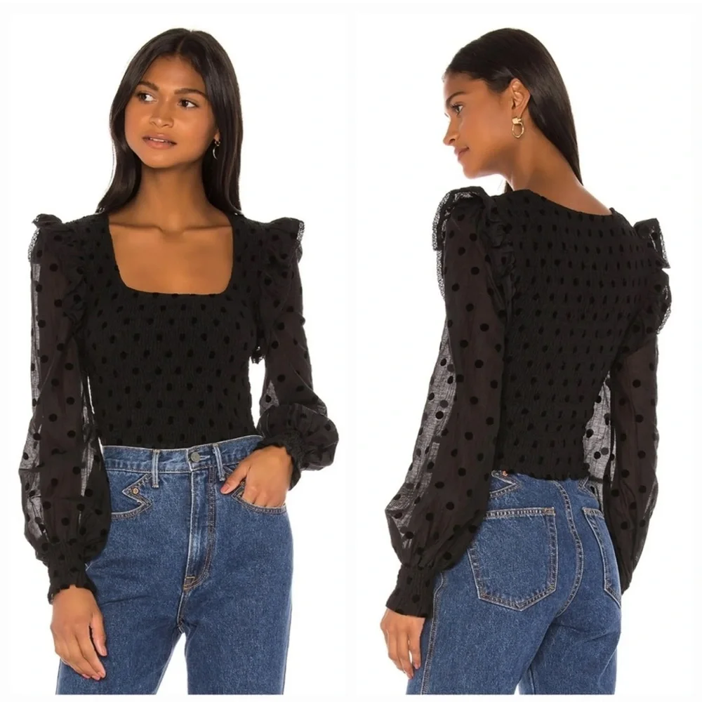 Tularosa x Revolve Moxie Black Polkadot Smocked Top Blouse Women size XS